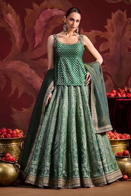 Lashkaraa Green Brocade Sequins, Zari Square Neck Embroidered Kurta Lehenga Set 