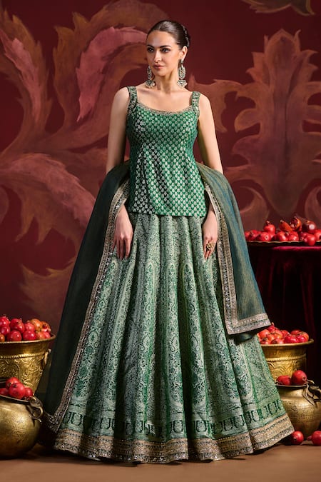 Shop Lashkaraa Green Brocade Sequins, Zari Round Neck Embroidered Kurta Lehenga Set Online at Aza Fashions Shop_Lashkaraa_Green Brocade Sequins, Zari Round Neck Embroidered Kurta Lehenga Set _Online_at_Aza_Fashions
