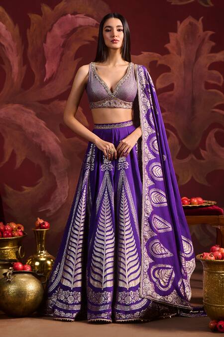 Buy_Lashkaraa_Purple Brocade Sequins, Zari Round Neck Embroidered Lehenga Set_Online_at_Aza_Fashions