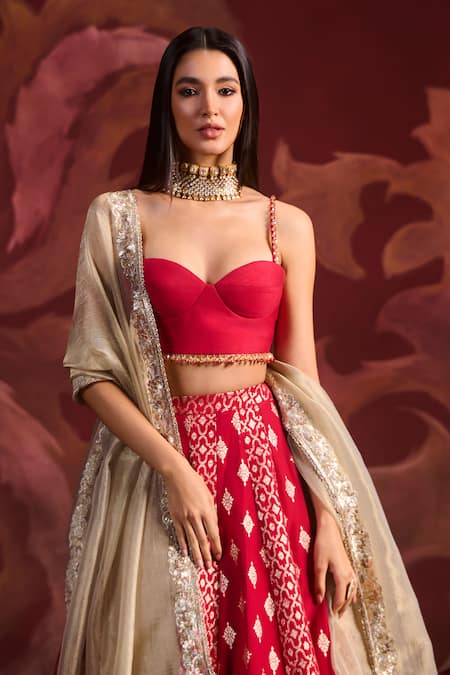 Buy_Lashkaraa_Red Brocade, Silk, Tissue Sequins, Zari, Beads Embroidered Corset Lehenga Set _Online_at_Aza_Fashions