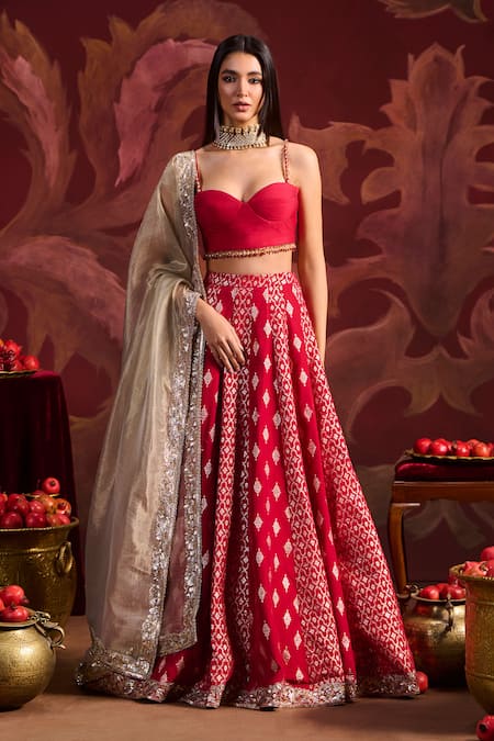 Lashkaraa Red Brocade, Silk, Tissue Sequins, Zari, Beads Embroidered Corset Lehenga Set