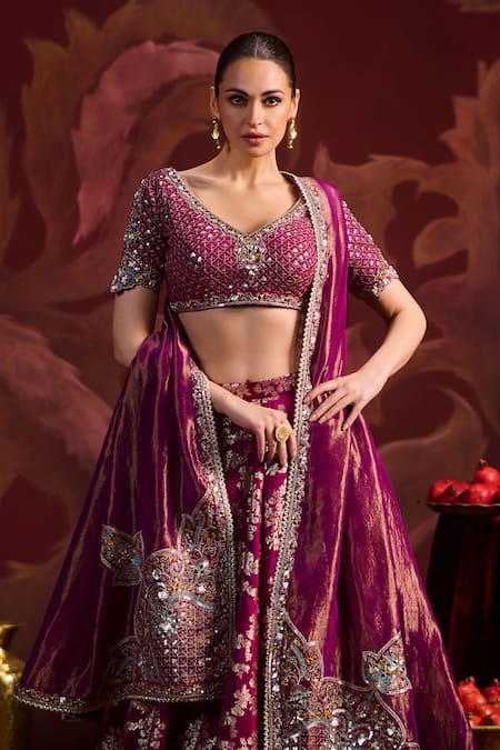Buy_Lashkaraa_Magenta Brocade, Silk, Tissue Sequins, Zari, Embroidery V-neck, Lehenga Set _Online_at_Aza_Fashions