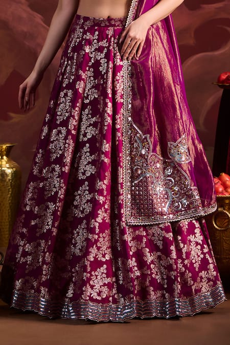 Shop_Lashkaraa_Magenta Brocade, Silk, Tissue Sequins, Zari, Embroidery V-neck, Lehenga Set _Online_at_Aza_Fashions