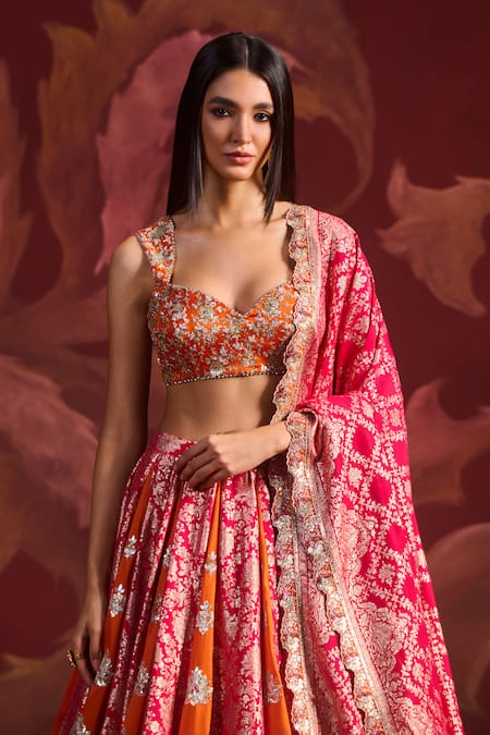 Buy Lashkaraa Orange Brocade Sequins, Zari, Beads Round Neck Embroidered Lehenga Set Online at Aza Fashions Buy_Lashkaraa_Orange Brocade Sequins, Zari, Beads Round Neck Embroidered Lehenga Set _Online_at_Aza_Fashions