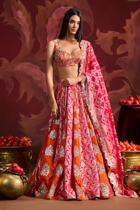 Lashkaraa Orange Brocade Sequins, Zari, Beads Sweetheart Neck Embroidered Lehenga Set