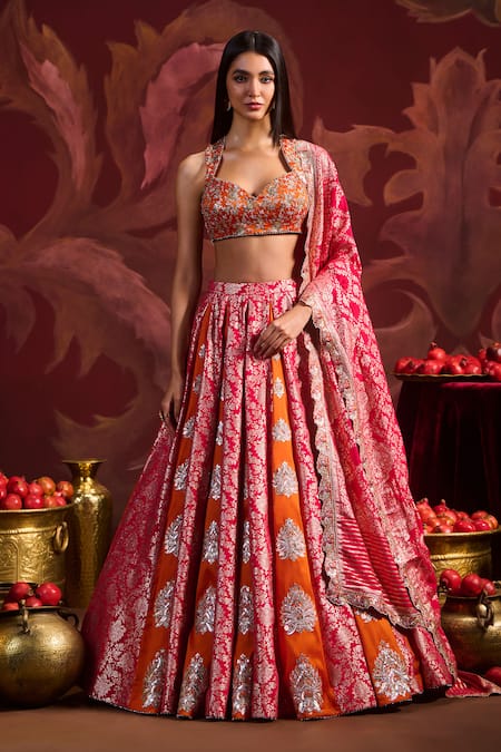 Shop Lashkaraa Orange Brocade Sequins, Zari, Beads Round Neck Embroidered Lehenga Set Online at Aza Fashions Shop_Lashkaraa_Orange Brocade Sequins, Zari, Beads Round Neck Embroidered Lehenga Set _Online_at_Aza_Fashions