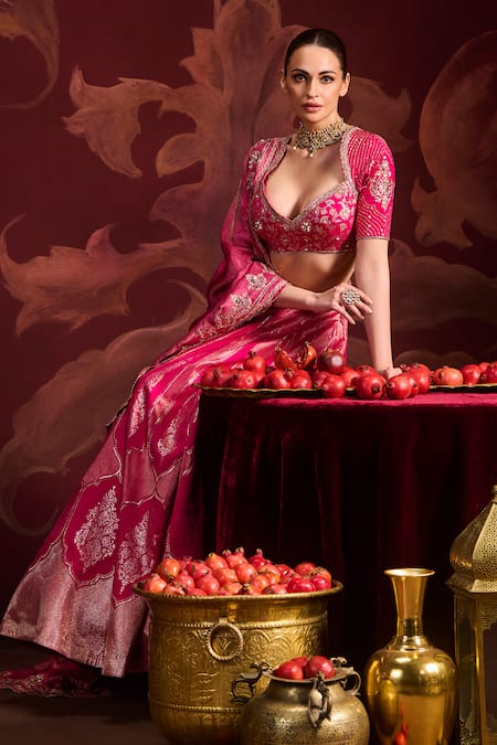Shop Lashkaraa Pink Brocade, Tissue Sequins, Zari, Beads Round Neck Embroidered Lehenga Set Online at Aza Fashions Shop_Lashkaraa_Pink Brocade, Tissue Sequins, Zari, Beads Round Neck Embroidered Lehenga Set _Online_at_Aza_Fashions