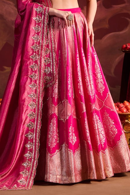 Lashkaraa Pink Brocade, Tissue Sequins, Zari, Beads Round Neck Embroidered Lehenga Set at Aza Fashions Lashkaraa_Pink Brocade, Tissue Sequins, Zari, Beads Round Neck Embroidered Lehenga Set _at_Aza_Fashions