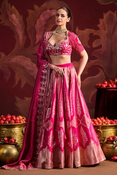 Buy Lashkaraa Pink Brocade, Tissue Sequins, Zari, Beads Round Neck Embroidered Lehenga Set Buy_Lashkaraa_Pink Brocade, Tissue Sequins, Zari, Beads Round Neck Embroidered Lehenga Set