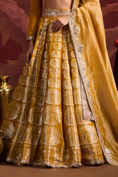 Lashkaraa_Mustard Brocade, Silk, Tissue Sequins, Zari Round Neck Embroidered Lehenga Set_Online_at_Aza_Fashions