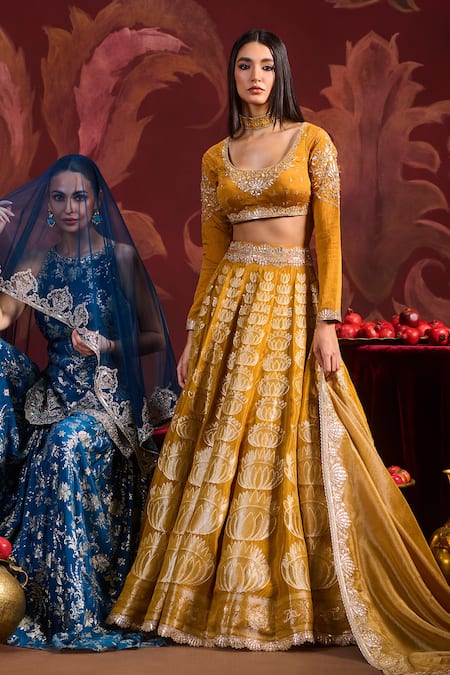 Buy_Lashkaraa_Mustard Brocade, Silk, Tissue Sequins, Zari Round Neck Embroidered Lehenga Set_Online_at_Aza_Fashions