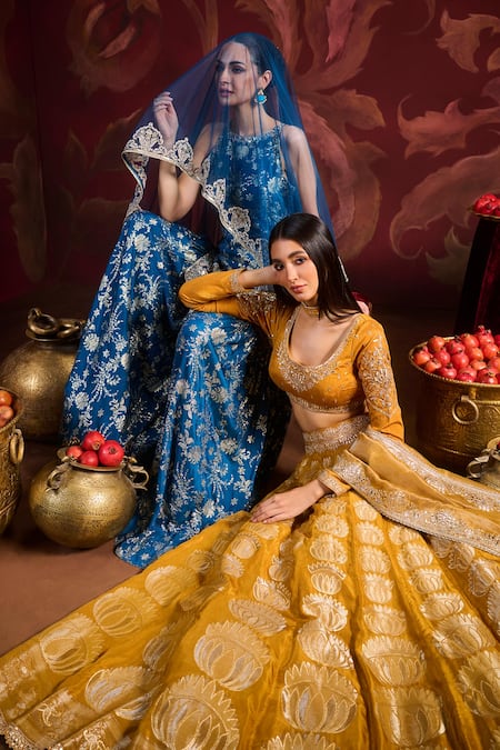 Lashkaraa_Mustard Brocade, Silk, Tissue Sequins, Zari Round Neck Embroidered Lehenga Set_at_Aza_Fashions