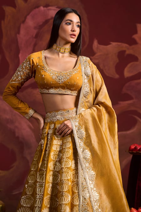Buy_Lashkaraa_Mustard Brocade, Silk, Tissue Sequins, Zari Round Neck Embroidered Lehenga Set