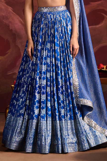 Buy_Lashkaraa_Blue Brocade, Silk, Tissue Sequins, Zari, Beads Round Embroidered Lehenga Set _Online_at_Aza_Fashions
