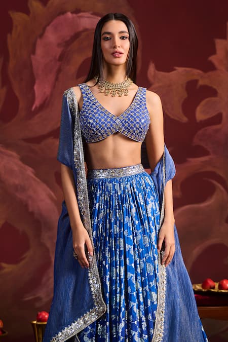 Shop_Lashkaraa_Blue Brocade, Silk, Tissue Sequins, Zari, Beads Round Embroidered Lehenga Set _Online_at_Aza_Fashions