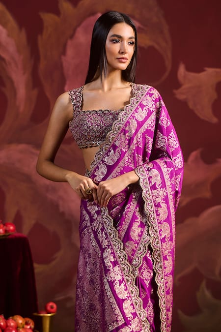 Lashkaraa Magenta Brocade, Silk Sequins, Zari, Beads Round Embroidered Saree With Blouse Online at Aza Fashions Lashkaraa_Magenta Brocade, Silk Sequins, Zari, Beads Round Embroidered Saree With Blouse_Online_at_Aza_Fashions