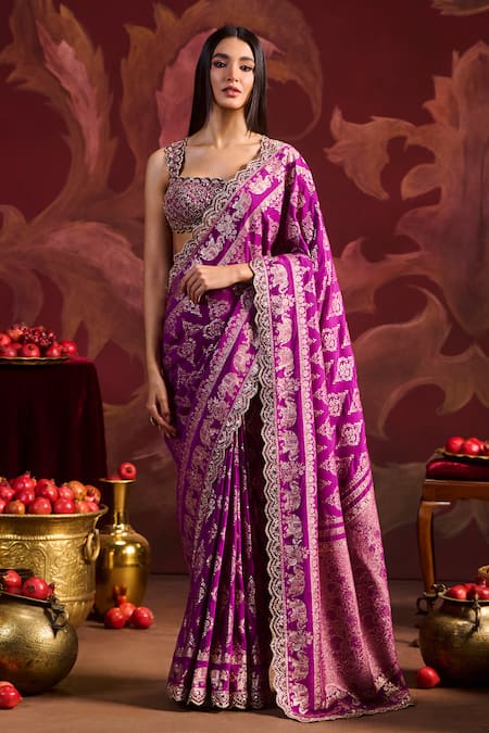 Lashkaraa Magenta Brocade, Silk Sequins, Zari, Beads Square Embroidered Saree With Blouse 