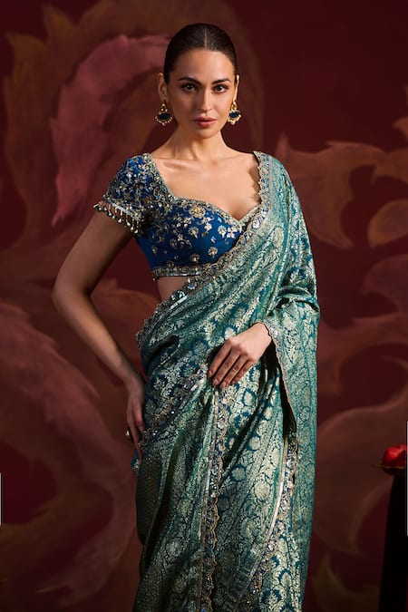 Lashkaraa Teal Brocade, Silk Sequins, Zari Embroidered Pre-draped Saree With Blouse Online at Aza Fashions Lashkaraa_Teal Brocade, Silk Sequins, Zari Embroidered Pre-draped Saree With Blouse_Online_at_Aza_Fashions