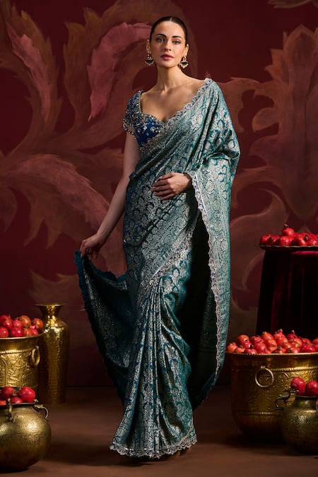 Buy Lashkaraa Teal Brocade, Silk Sequins, Zari Embroidered Pre-draped Saree With Blouse Online at Aza Fashions Buy_Lashkaraa_Teal Brocade, Silk Sequins, Zari Embroidered Pre-draped Saree With Blouse_Online_at_Aza_Fashions