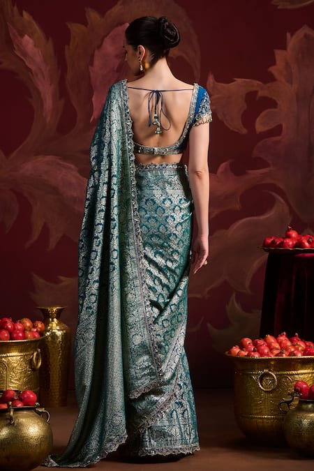 Shop Lashkaraa Teal Brocade, Silk Sequins, Zari Embroidered Pre-draped Saree With Blouse at Aza Fashions Shop_Lashkaraa_Teal Brocade, Silk Sequins, Zari Embroidered Pre-draped Saree With Blouse_at_Aza_Fashions