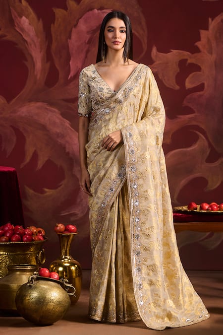 Buy_Lashkaraa_Gold Viscose, Brocade, Tissue Sequins, Zari, Pre-draped Saree With Blouse _Online_at_Aza_Fashions