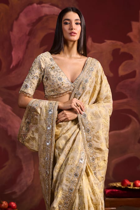 Shop_Lashkaraa_Gold Viscose, Brocade, Tissue Sequins, Zari, Pre-draped Saree With Blouse _Online_at_Aza_Fashions