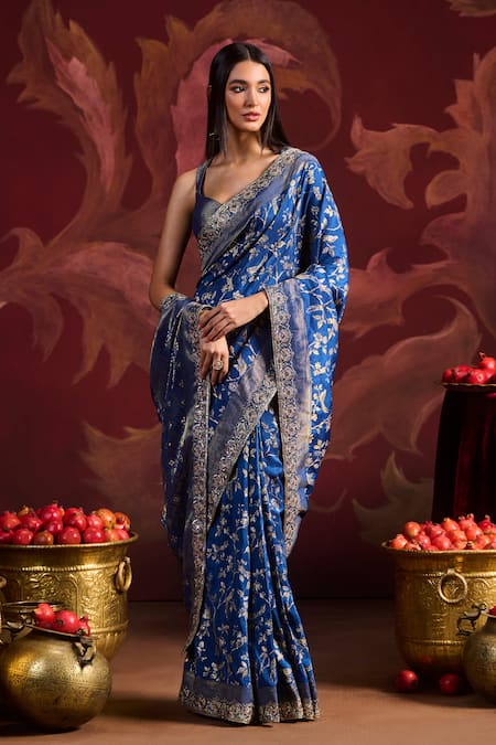 Lashkaraa Blue Viscose, Brocade Sequins, Zari Sweetheart Embroidered Saree With Blouse 