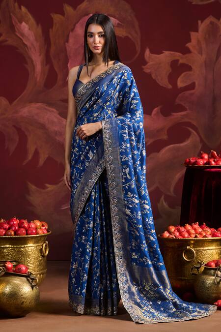 Lashkaraa Peach Viscose, Brocade Sequins, Zari Round Neck Embroidered Saree With Blouse Online at Aza Fashions Lashkaraa_Peach Viscose, Brocade Sequins, Zari Round Neck Embroidered Saree With Blouse_Online_at_Aza_Fashions