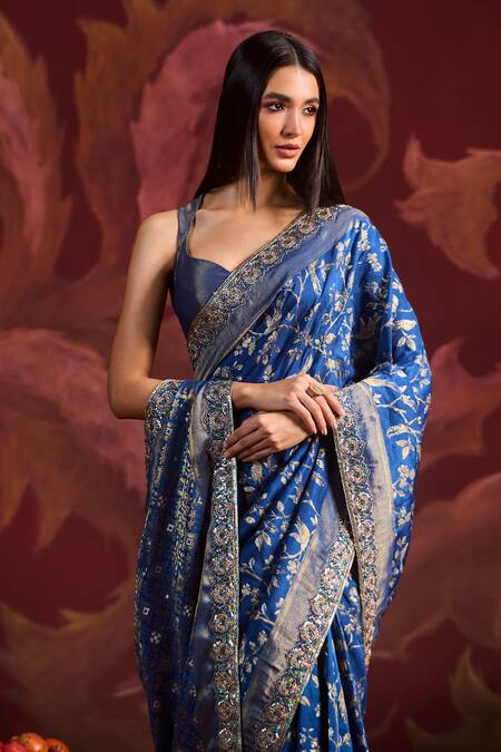 Buy Lashkaraa Peach Viscose, Brocade Sequins, Zari Round Neck Embroidered Saree With Blouse Online at Aza Fashions Buy_Lashkaraa_Peach Viscose, Brocade Sequins, Zari Round Neck Embroidered Saree With Blouse_Online_at_Aza_Fashions