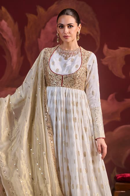 Lashkaraa_Off White Viscose, Brocade, Organza Sequins, Beads, Embroidered Anarkali Set_Online_at_Aza_Fashions
