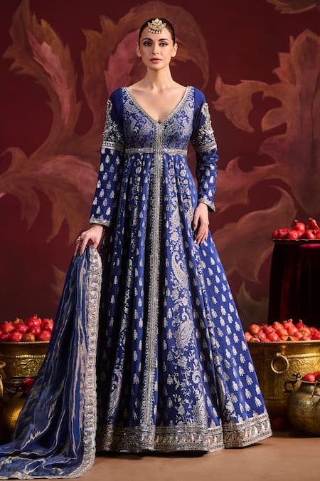 Lashkaraa Blue Brocade, Tissue Sequins, Zari, Beads Embroidered Anarkali With Dupatta 