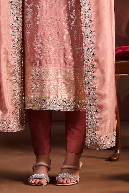 Buy_Lashkaraa_Peach Brocade, Silk, Tissue Sequins, Zari, Mirrors Round Straight Kurta Pant Set _Online_at_Aza_Fashions