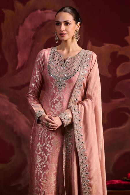 Shop_Lashkaraa_Peach Brocade, Silk, Tissue Sequins, Zari, Mirrors Round Straight Kurta Pant Set _Online_at_Aza_Fashions