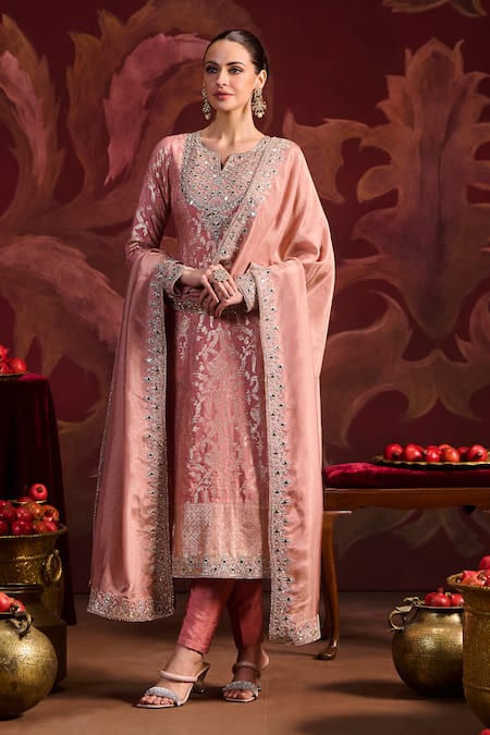 Lashkaraa_Peach Brocade, Silk, Tissue Sequins, Zari, Mirrors Round Straight Kurta Pant Set _at_Aza_Fashions