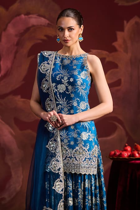 Lashkaraa Teal Brocade, Tissue Sequins, Zari, Mirrors Round Neck Short Kurta Sharara Set at Aza Fashions Lashkaraa_Teal Brocade, Tissue Sequins, Zari, Mirrors Round Neck Short Kurta Sharara Set_at_Aza_Fashions