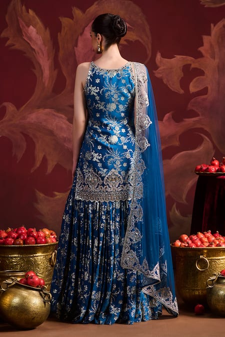 Shop Lashkaraa Teal Brocade, Tissue Sequins, Zari, Mirrors Round Neck Short Kurta Sharara Set at Aza Fashions Shop_Lashkaraa_Teal Brocade, Tissue Sequins, Zari, Mirrors Round Neck Short Kurta Sharara Set_at_Aza_Fashions