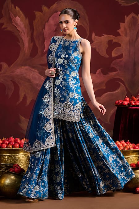 Buy Lashkaraa Teal Brocade, Tissue Sequins, Zari, Mirrors Round Neck Short Kurta Sharara Set Buy_Lashkaraa_Teal Brocade, Tissue Sequins, Zari, Mirrors Round Neck Short Kurta Sharara Set