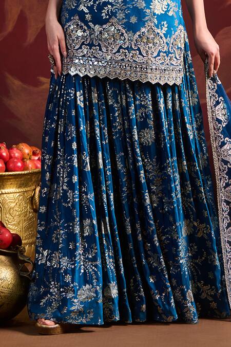 Shop Lashkaraa Teal Brocade, Tissue Sequins, Zari, Mirrors Round Neck Short Kurta Sharara Set Shop_Lashkaraa_Teal Brocade, Tissue Sequins, Zari, Mirrors Round Neck Short Kurta Sharara Set