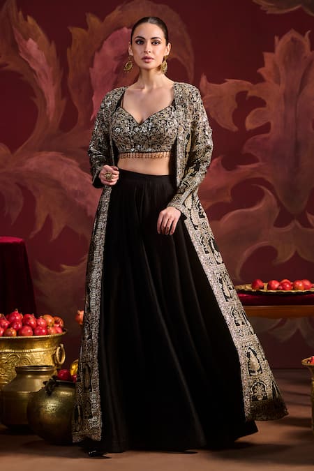 Lashkaraa Black Brocade, Silk Sequins, Zari Round Neck Jacket Sharara Set 