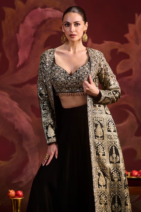 Lashkaraa_Black Brocade, Silk Embroidery, Sequins, Zari Open Neck, Jacket Sharara Set_Online_at_Aza_Fashions