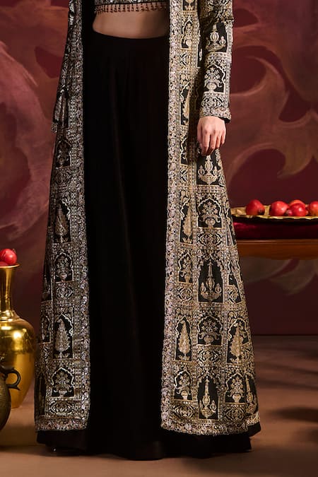 Buy_Lashkaraa_Black Brocade, Silk Embroidery, Sequins, Zari Open Neck, Jacket Sharara Set_Online_at_Aza_Fashions
