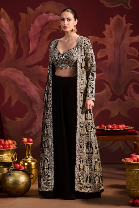Lashkaraa_Black Brocade, Silk Embroidery, Sequins, Zari Open Neck, Jacket Sharara Set_at_Aza_Fashions