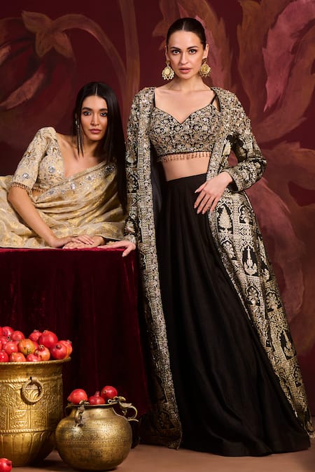 Buy_Lashkaraa_Black Brocade, Silk Embroidery, Sequins, Zari Open Neck, Jacket Sharara Set