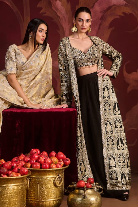 Shop_Lashkaraa_Black Brocade, Silk Embroidery, Sequins, Zari Open Neck, Jacket Sharara Set