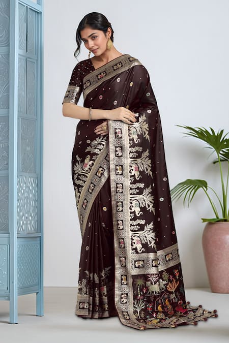 Samyukta Singhania Maroon Zari Woven Banarasi Saree With Blouse 