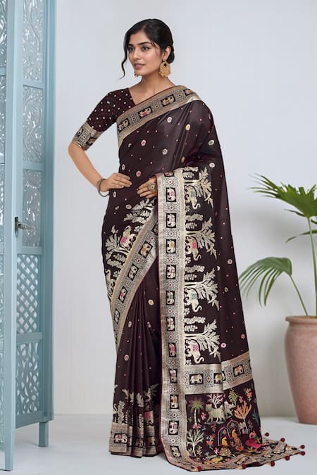 Shop_Samyukta Singhania_Maroon Embroidery, Zari V-neck Woven Banarasi Saree With Blouse _Online_at_Aza_Fashions