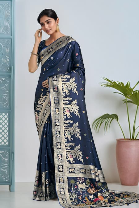 Samyukta Singhania Dark Blue Zari Woven Banarasi Saree With Blouse 
