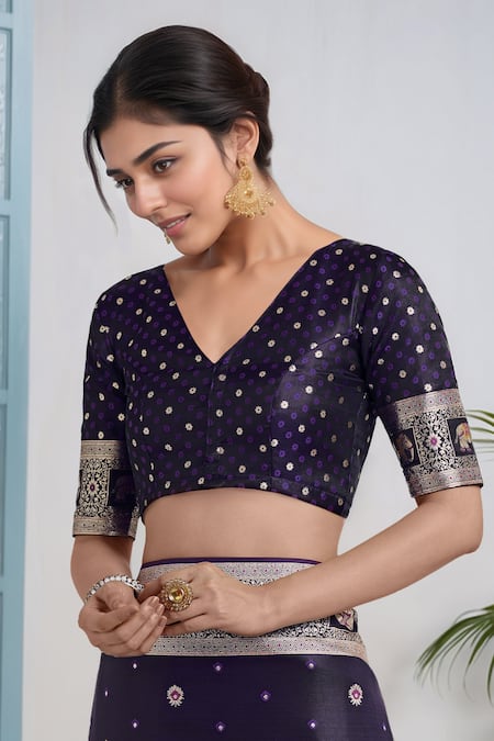 Samyukta Singhania_Purple Embroidery, Zari V-neck Woven Banarasi Saree With Blouse _Online_at_Aza_Fashions