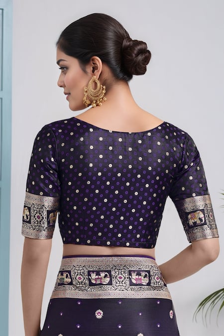 Buy_Samyukta Singhania_Purple Embroidery, Zari V-neck Woven Banarasi Saree With Blouse _Online_at_Aza_Fashions