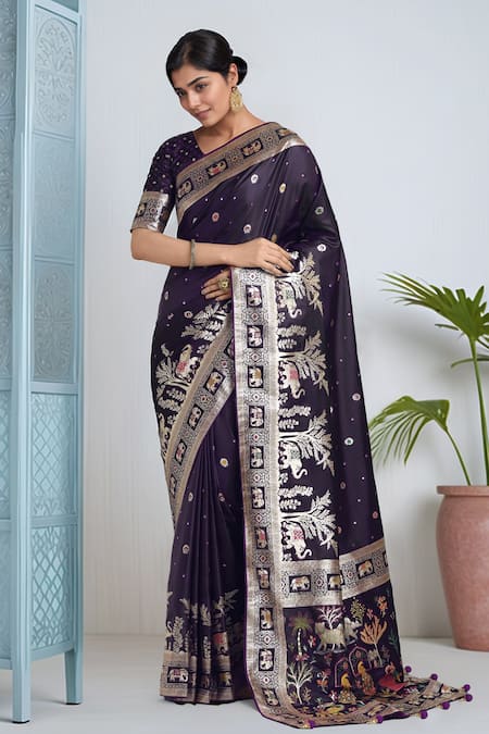 Shop_Samyukta Singhania_Purple Embroidery, Zari V-neck Woven Banarasi Saree With Blouse _Online_at_Aza_Fashions